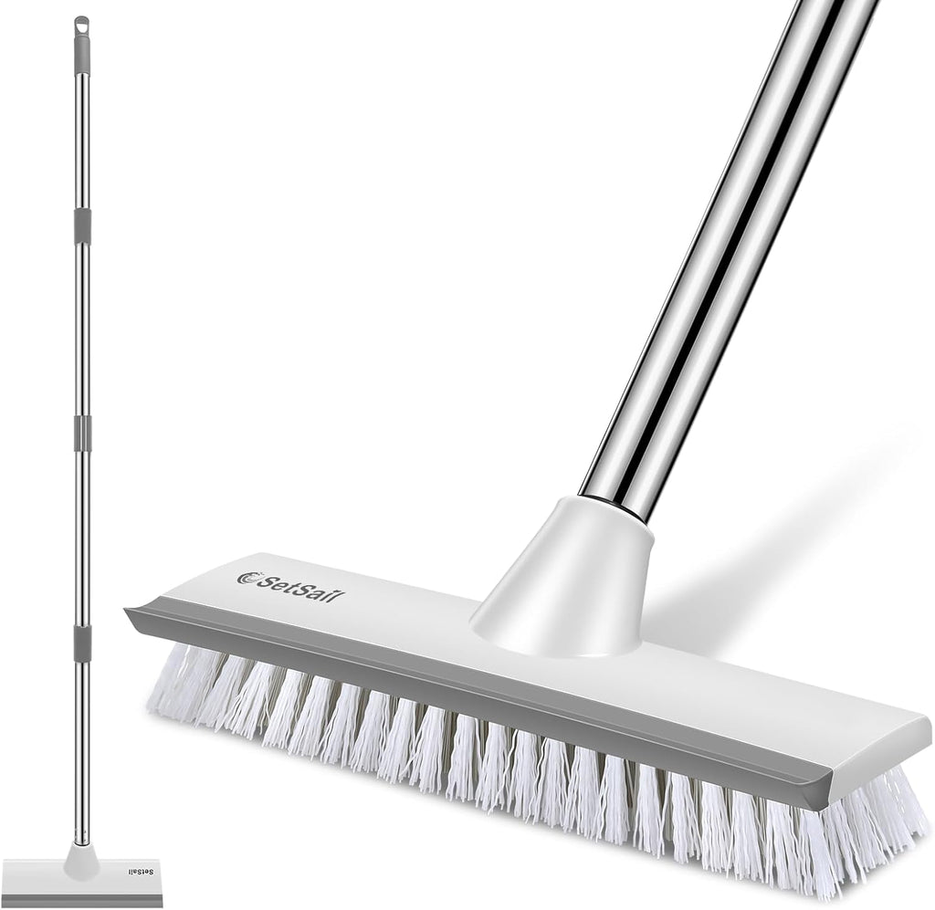 SetSail Floor Scrub Brush with 51-Inch Long Adjustable Handle 2 in 1 Scrape Brush Stiff Bristle Floor Scrubber for Cleaning Shower Bathroom Garage Kitchen Wall Deck Tub Tile