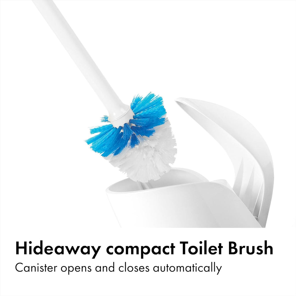OXO Good Grips Compact Toilet Brush & Canister, Toilet Bowl Brush and Holder with Automatic Canister Door, Bathroom and Small Spaces Cleaning Supplies Essential