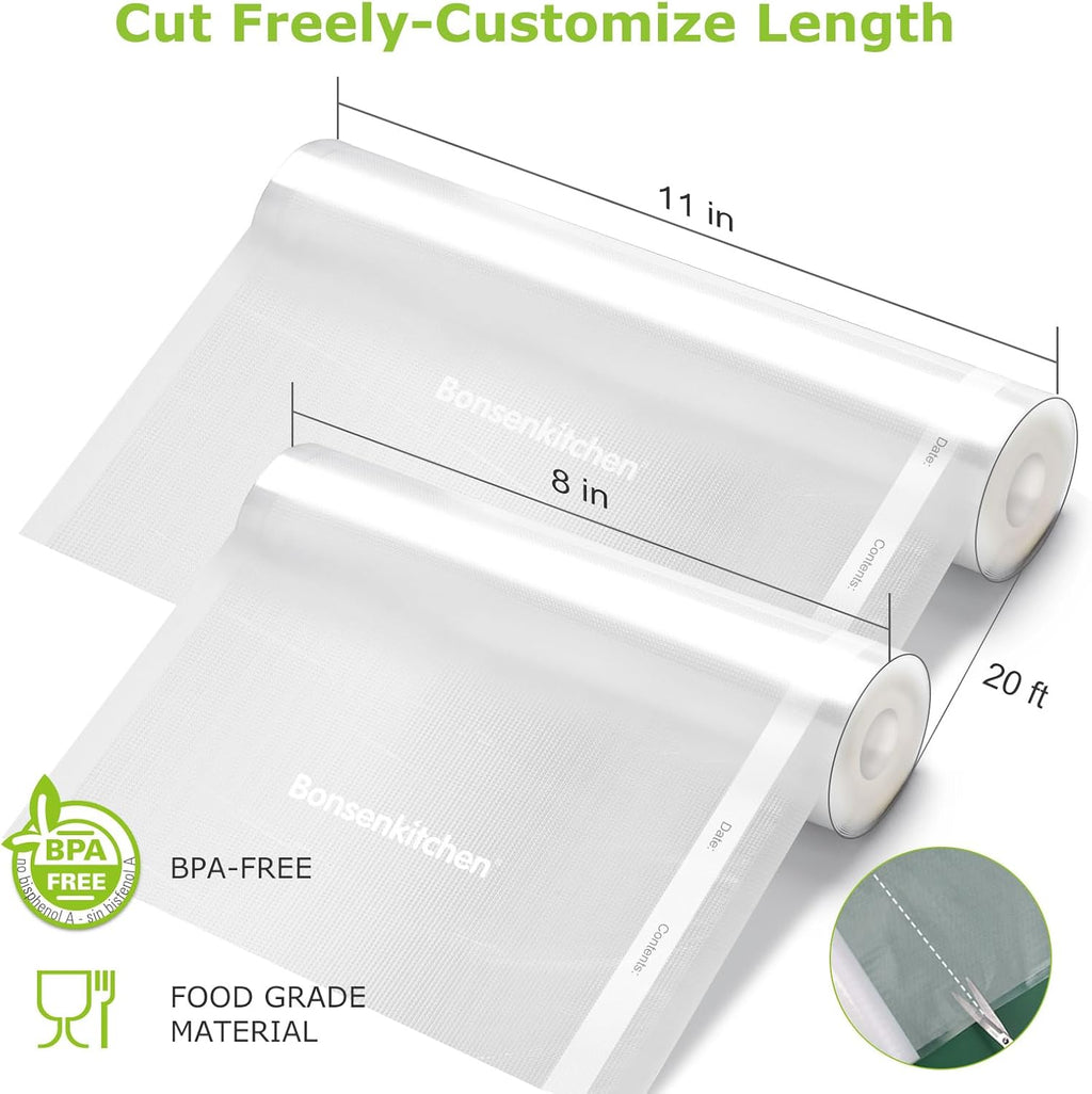 Bonsenkitchen Vacuum Sealer Rolls Bags, 6 Pack 3 Rolls 11" x 20' + 3 Rolls 8" x 20' Commercial Grade BPA Free Bag Rolls, Durable Customized Size Food Vac Bags for Storage and Sous Vide Cooking VB3211