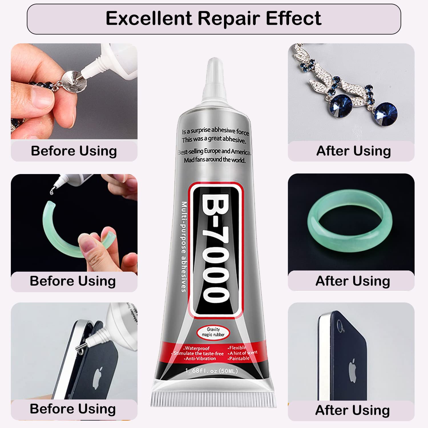 B7000 Jewelry Glue for Making, FITTDYHE 1PCS 50ML/1.69 fl oz Clear Adhesive for Rhinestone, Fabric, Multipurpose Super B-7000 for Phone Repair, Nail Art, Wood, Glass, Charms