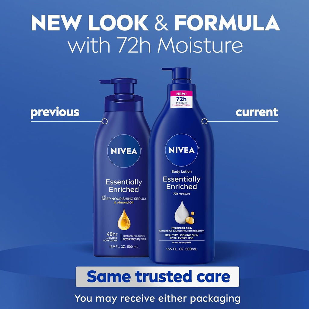 NIVEA Essentially Enriched Body Lotion for Very Dry Skin with Hyaluronic Acid, Almond Oil and Deep Nourishing Serum, 72-Hour Body Moisturizer, 16.9 Fl Oz Pump Bottle