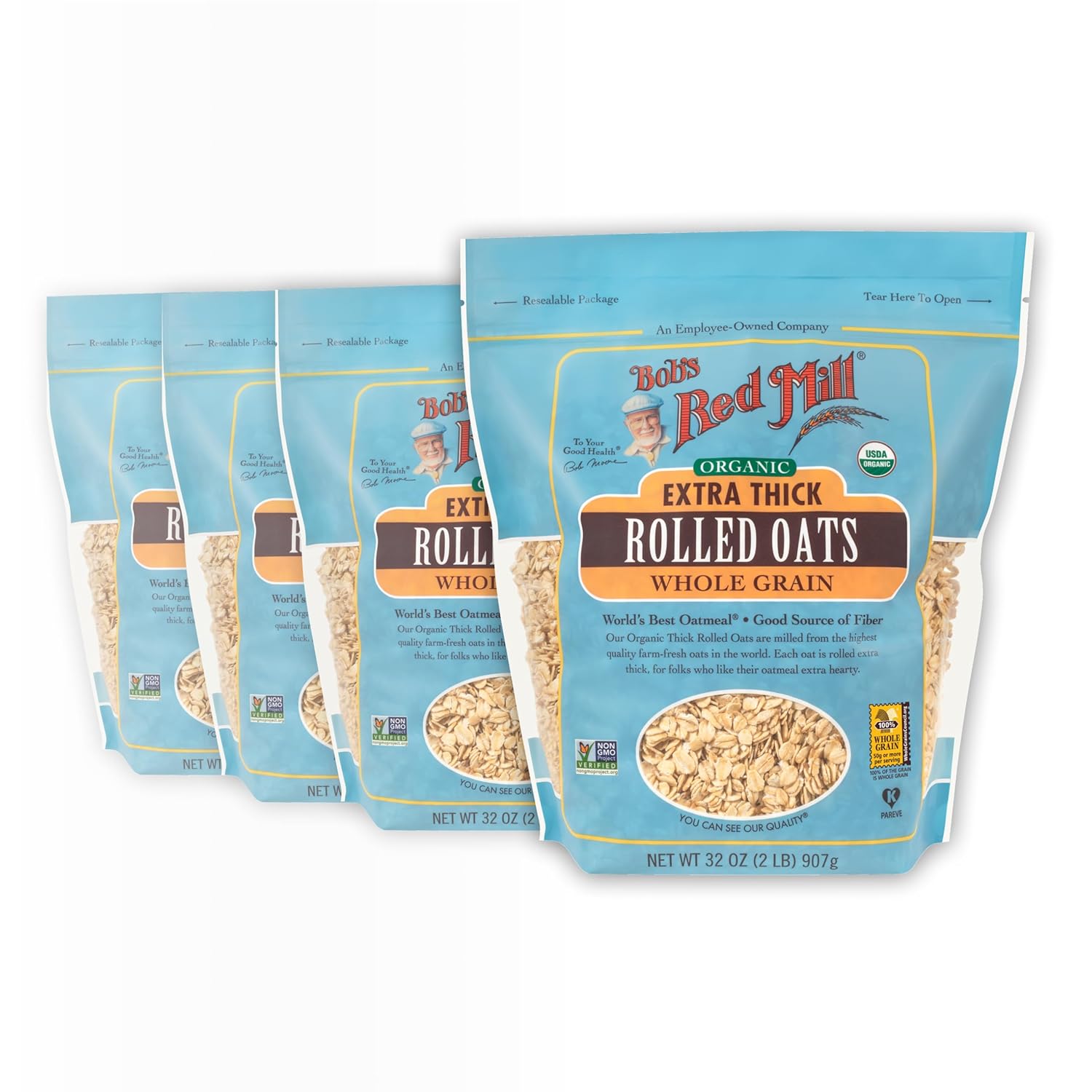 Bob's Red Mill Organic Extra Thick Rolled Oats, 32oz (Pack of 4) - Non GMO, Whole Grain, Vegan, Kosher