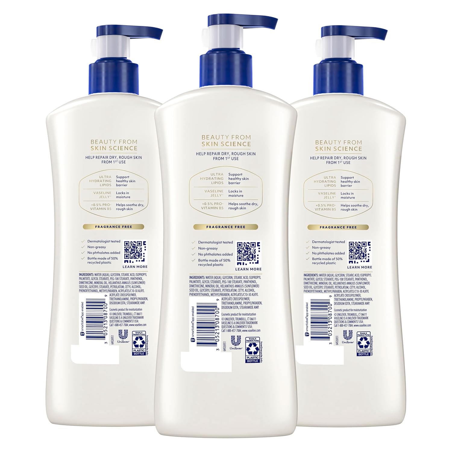 Vaseline Intensive Care Unscented Advanced Repair Body Lotion - Ultra-Hydrating with Lipids for Extremely Dry Skin, 20.3 oz, Pack of 3