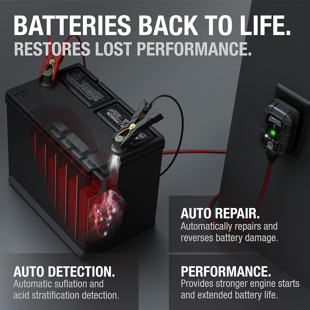 NOCO GENIUS1: 1A 6V/12V Smart Battery Charger – Automatic Maintainer, Trickle Charger & Desulfator with Overcharge Protection & Temperature Compensation – for Lead-Acid & Lithium Batteries
