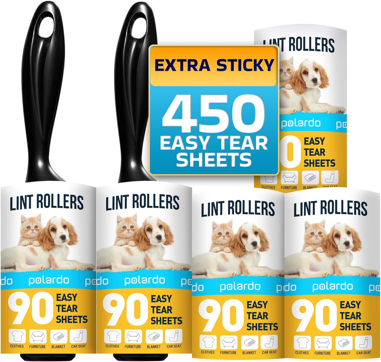 Lint Rollers for Pet Hair, White, Sticky Remover for Couch, Clothes, Furniture and Carpet, Dog and Cat Fur Remover, Animal Fuzz, 5 Large Sticky Rollers