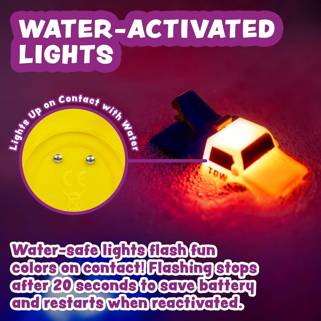 Tub Works® Emergency™ Cars Light Up Bath Toys, 6 Pack | Water-Activated Light Up Toys Flash & Change Color | Soft, Squeezable Baby & Toddler Bath Toys | Sensory Toys with Bath Lights for Kids Bath
