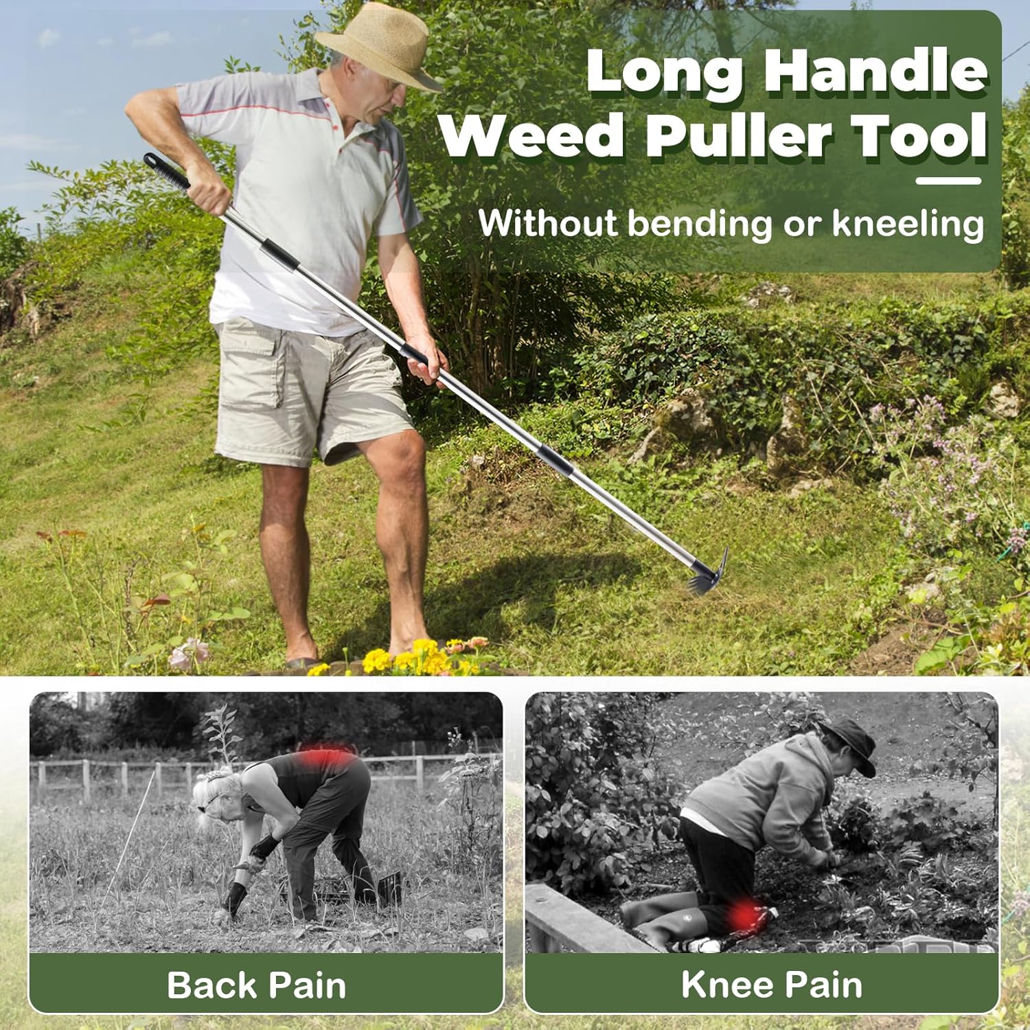 NICOFPHY Weed Puller Tool with Long Handle - 60" Manual Weeder Remover Tool, 2 in 1 Hand Weed Rake and Garden Hoe for Gardening, Heavy Duty Uprooting Weeding Pull for Yard, Lawn, Patio and Garden