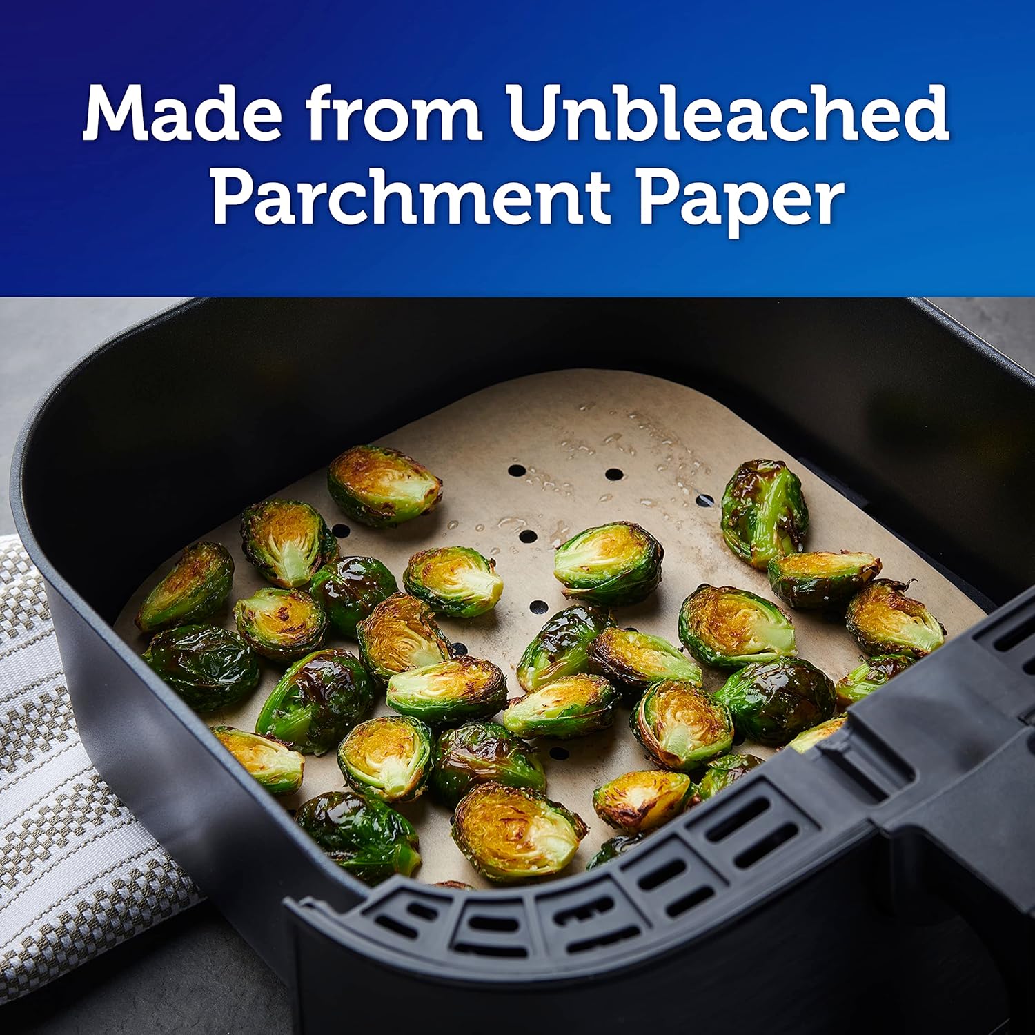 Reynolds Kitchens Air Fryer Liners Disposable, Unbleached Parchment Paper Sheets, 50 Count